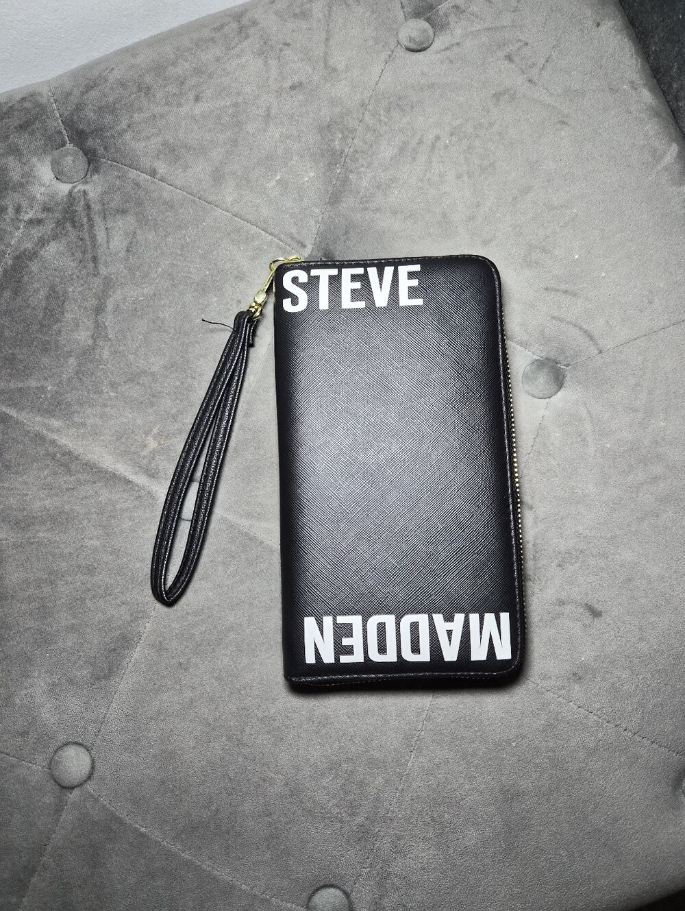 Steve Madden Black Wristlet Zip-Around Wallet with White Logo
